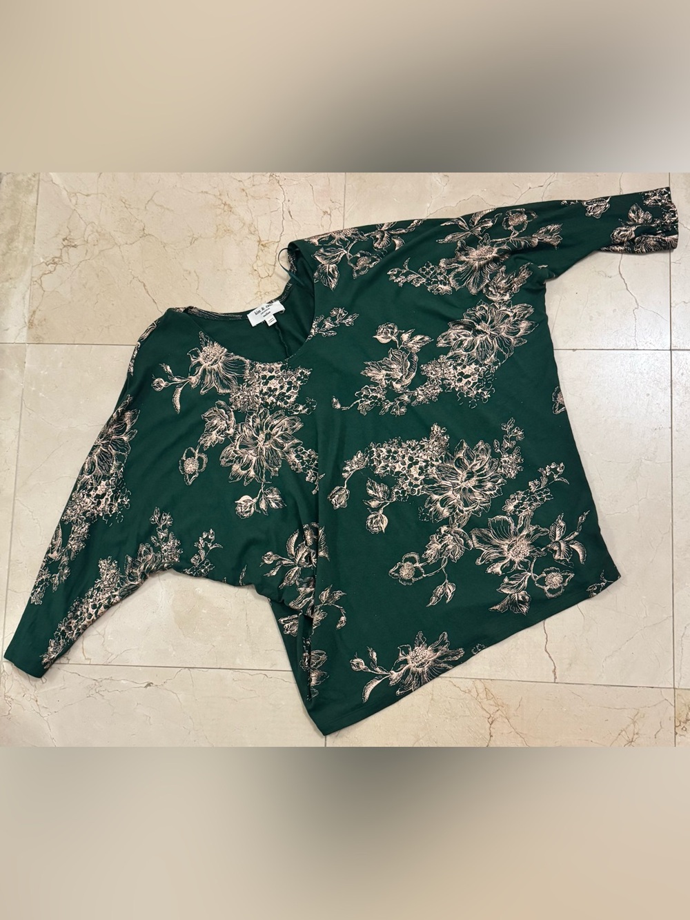 Kim and Cami green T-shirt blouse with gold floral prints